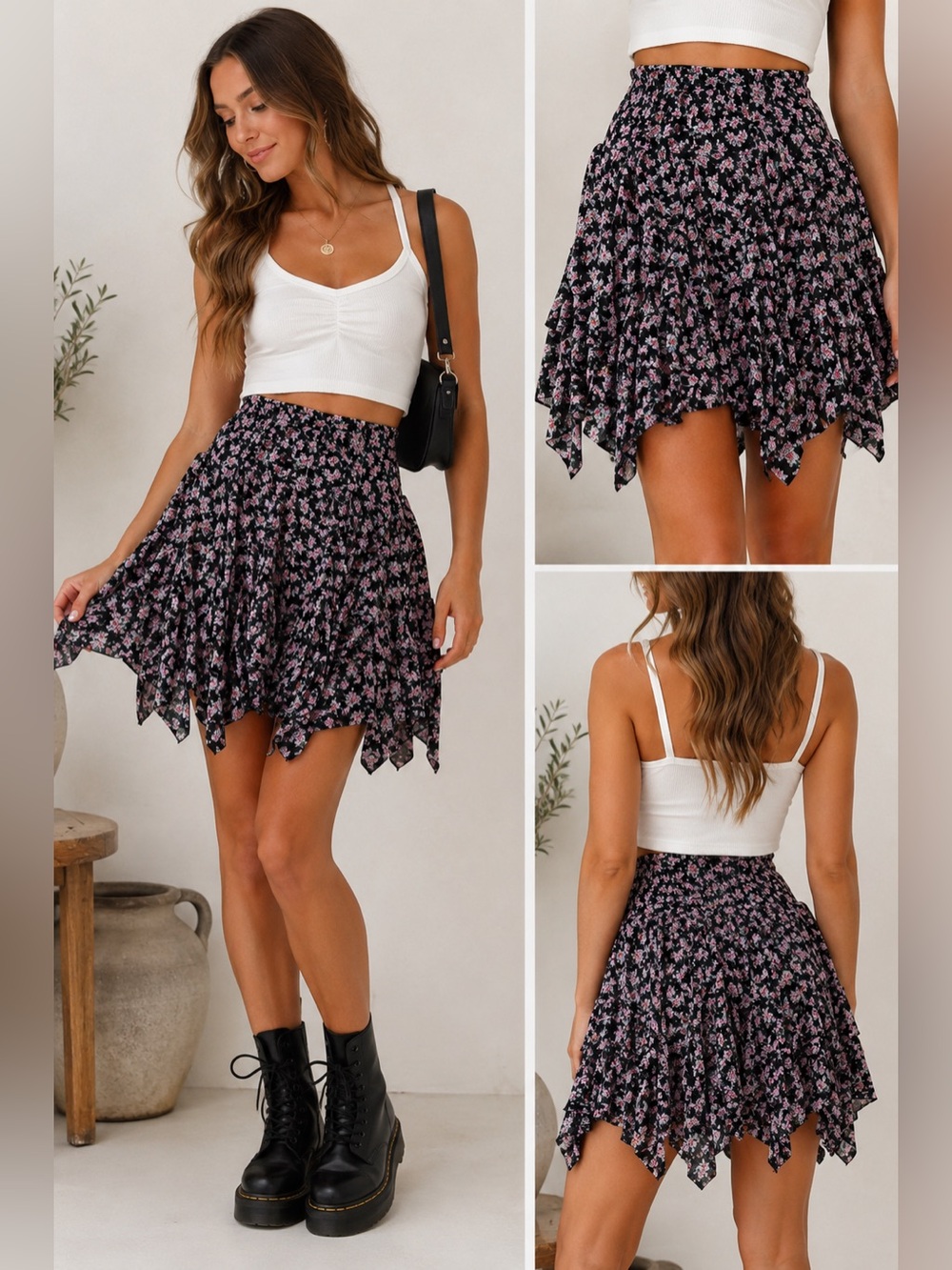 POL Black Pink Floral Tiered Ruffle Boho Festival Skirt Feminine Coquette Fairy
